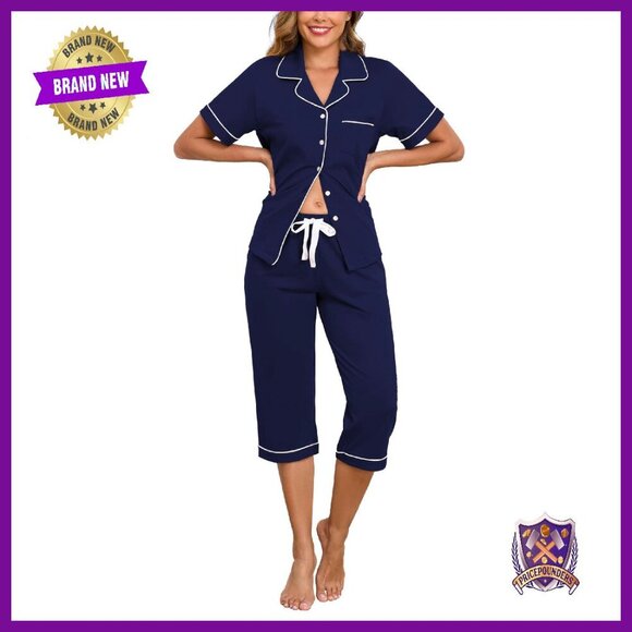 100% Cotton Pajama Set Short Sleeve Button Down Capri Sleepwear
